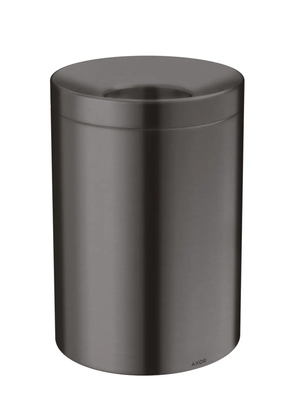 Runder Abfalleimer in brushed black chrome, mit schlichten Linien und einem Deckel, stammt von der Marke AXOR.